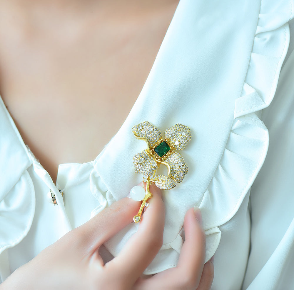 White Jade Grandma Mothers Birthstone Green Gemstone Peony Flower Brooch Pin Fashion Jewelry Gift Box