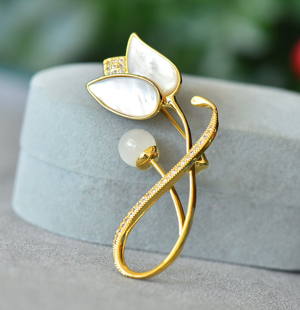 White Jade Grandma Mothers Peony Flower Brooch Pin Fashion Jewelry Gift Box