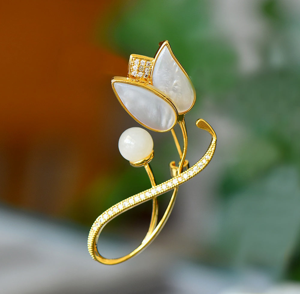 White Jade Grandma Mothers Peony Flower Brooch Pin Fashion Jewelry Gift Box