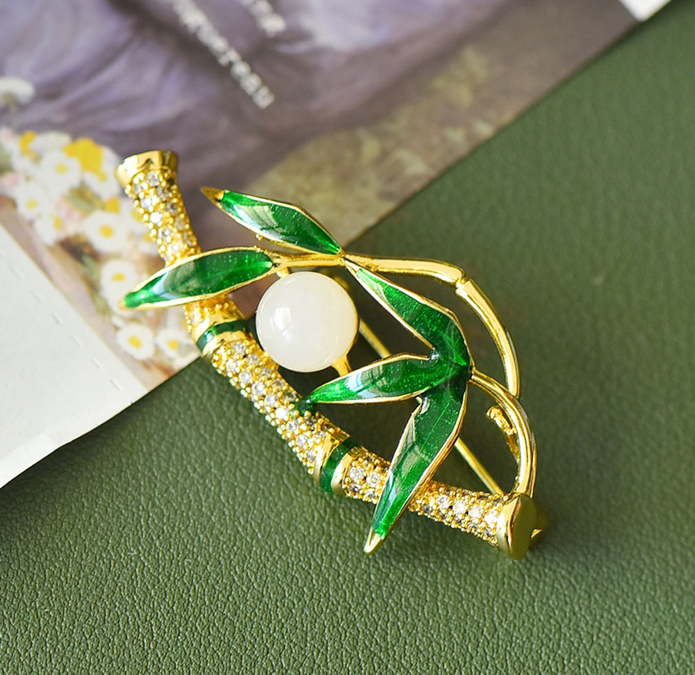 Handmade White Jade Woman Bamboo Brooch Pin Party Brooch Multi-wear Pin Fashion Jewelry Gift Box