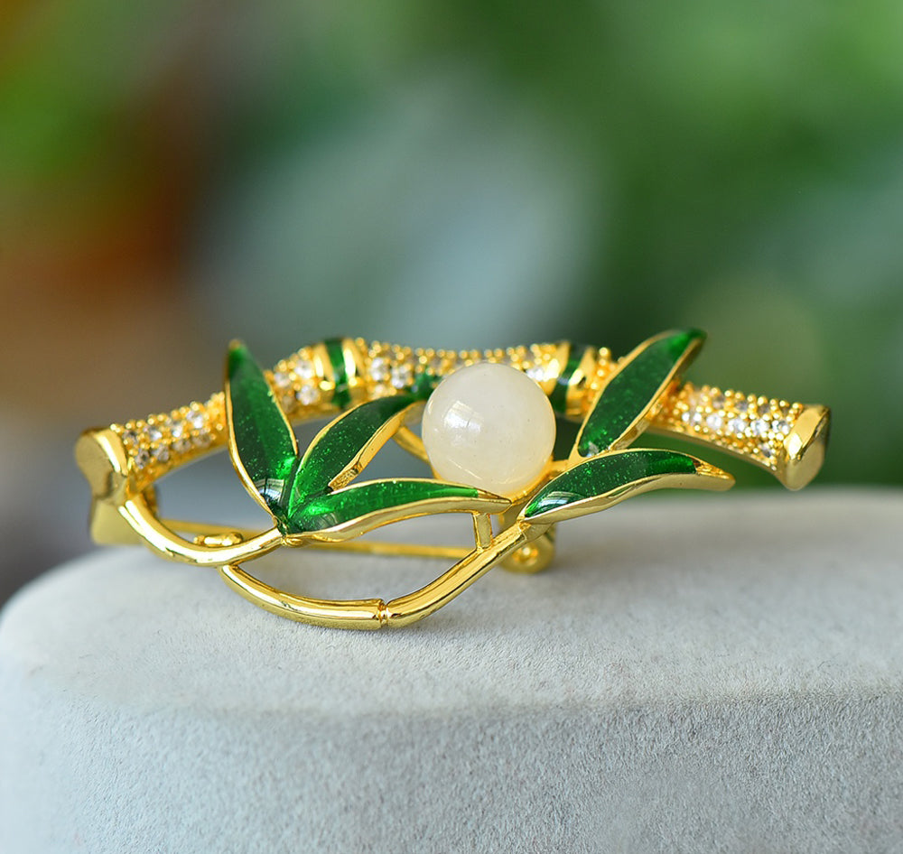 Handmade White Jade Woman Bamboo Brooch Pin Party Brooch Multi-wear Pin Fashion Jewelry Gift Box
