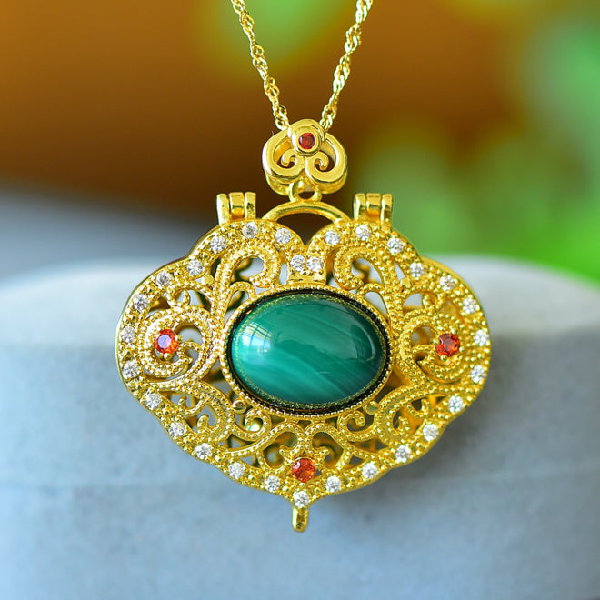 Malachite Necklace with Gold Openwork Scrollwork and Ornate Palace-Style Frame – Vibrant Green Natural Patterns, Opulent and Grand Style