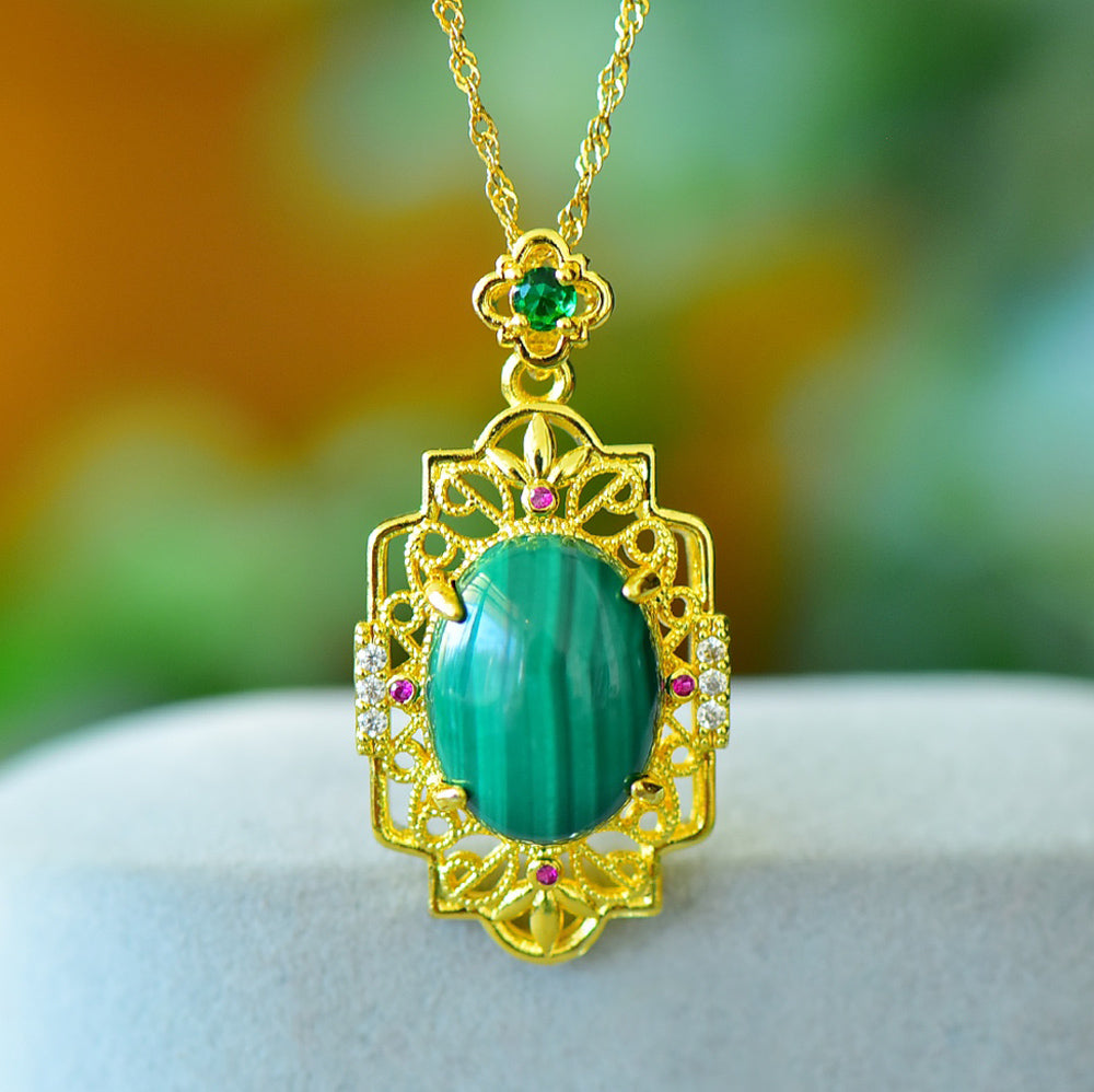 Malachite oval main stone, gold openwork court floral frame, ruby embellishment pendant necklace – emerald green natural veins