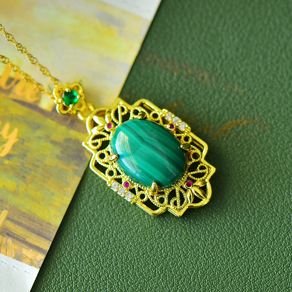 Malachite oval main stone, gold openwork court floral frame, ruby embellishment pendant necklace – emerald green natural veins