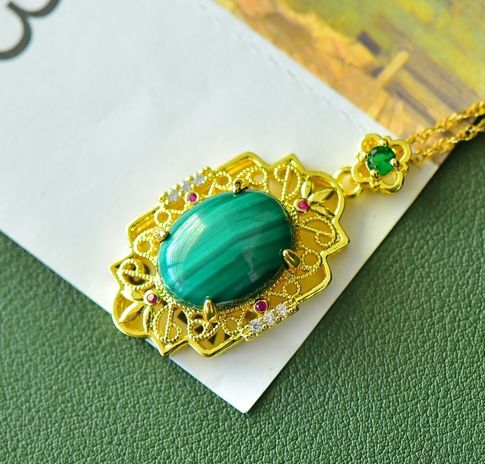 Malachite oval main stone, gold openwork court floral frame, ruby embellishment pendant necklace – emerald green natural veins