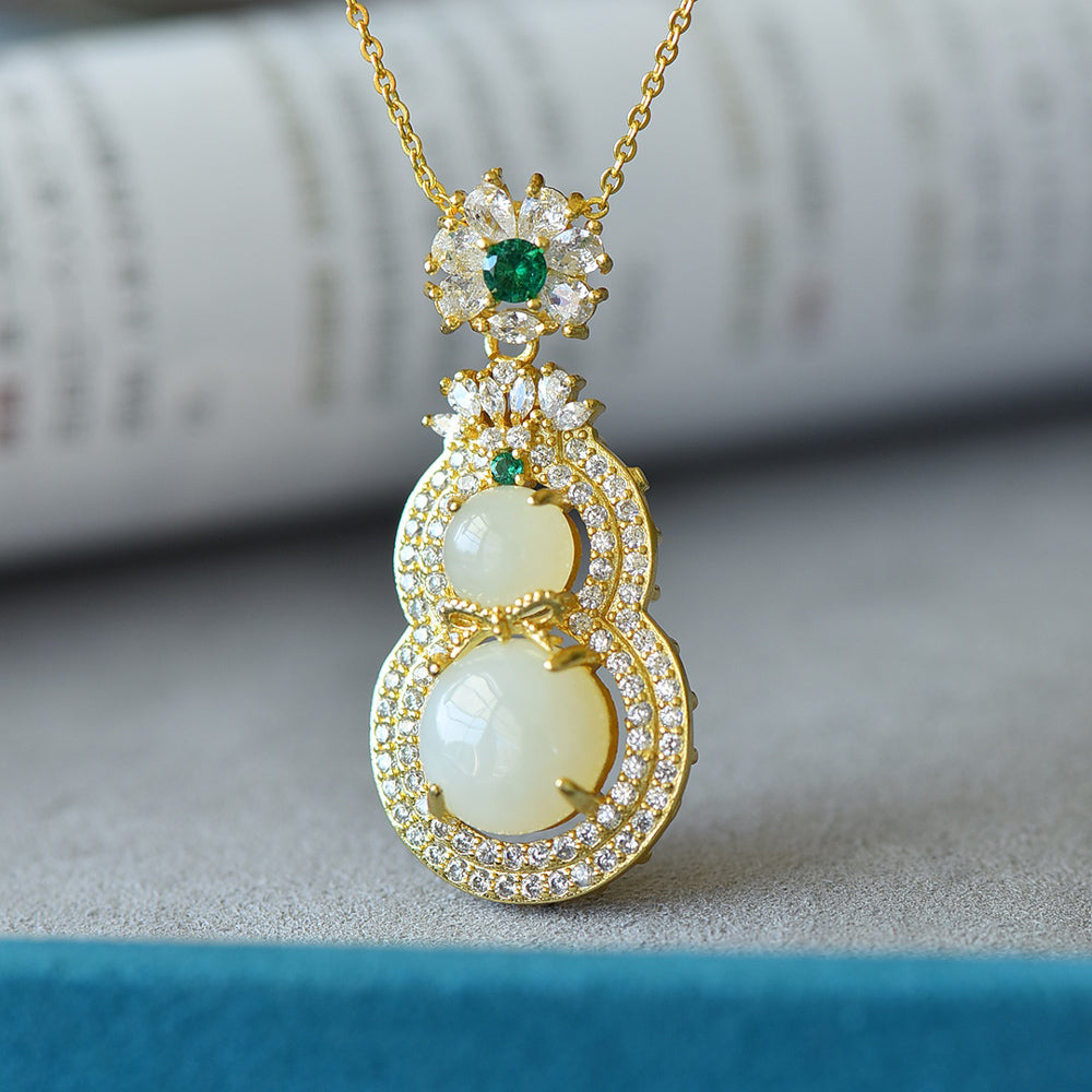 Gourd-Shaped 18K Gold Hetian Jade Necklace, Double-Layer Zircon Setting, Golden Corolla Clasp with Emerald, Symbolizing Fortune & Longevity