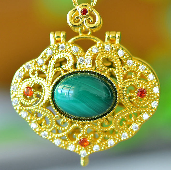 Malachite Necklace with Gold Openwork Scrollwork and Ornate Palace-Style Frame – Vibrant Green Natural Patterns, Opulent and Grand Style