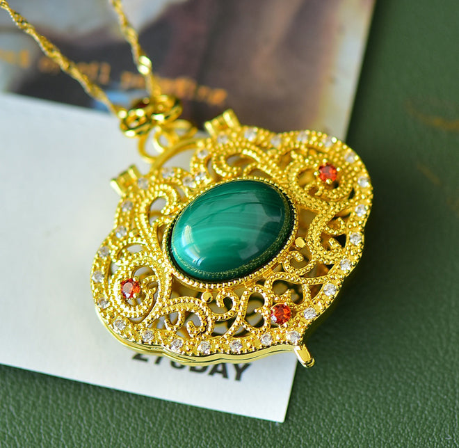 Malachite Necklace with Gold Openwork Scrollwork and Ornate Palace-Style Frame – Vibrant Green Natural Patterns, Opulent and Grand Style