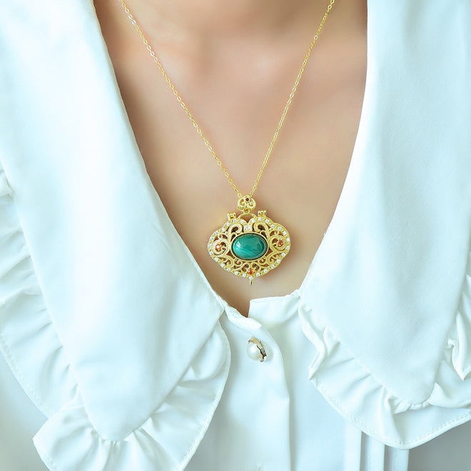 Malachite Necklace with Gold Openwork Scrollwork and Ornate Palace-Style Frame – Vibrant Green Natural Patterns, Opulent and Grand Style